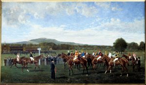 Odjezd v Longchamp daný baronem Foyem v roce 1877 Nastavení koní na start dostihu na dostihové dráze. Obraz Geo Arnull (19. století) 1877. Paříž, Povzbuzení společnosti od Geo Arnull