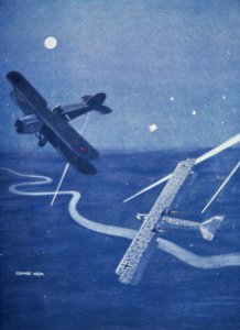 Stíhačka Bristol útočí v noci nad Londýnem na německý bombardér Gotha (barevně lito) od Geoffrey Watson
