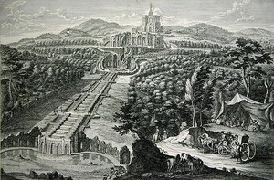 Pohled přes oktagon a kaskády, vyryto W.C. Mayr (mědirytina a lept) od Georg (after) Finck or Fuenck