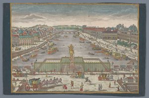 Pohled na Pont Neuf přes řeku Seinu v Paříži, při pohledu na Pont Royal Gesicht der Neuen Bruck, gegen der Königl. Bruck zu Paris