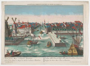 Pohled na Wester Nieuwe Hoofdpoort a Ooster Nieuwe Hoofdpoort v Rotterdamu Prospect der West-Maas Port zu Rotterdam (název na objektu) Rotterdam (název série)