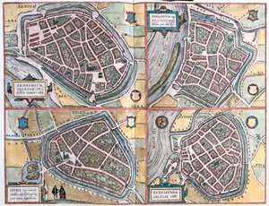 Arnhem, Geltre, Venlo, Roermond - Nizozemsko - v "Civitates Orbis Terrarum" od Georga Brauna, Kolín nad Rýnem 1617 od Georg Braun