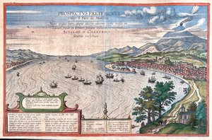 Messina (Pharo) - Scilla a Cariddi, Sicílie, Itálie - v "Civitates Orbis Terrarum" od Georga Brauna, Kolín nad Rýnem 1617 od Georg Braun
