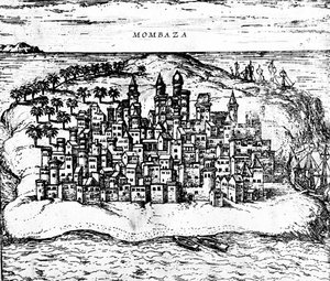 Pohled na Mombazu z knihy Georga Braunse Civitates orbis terrarum, vydané v roce 1572 detail rytiny 483404 od Georg Braun und Franz Hogenberg
