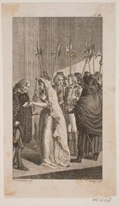 Ilustrace mladé dámy dává dopis staršímu muži. V pozadí dva pánové obklopení městskými strážemi od Georg Christian Schule