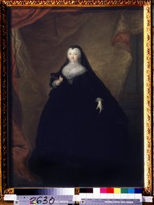 ""Portrét Alžběty Petrovny (1709-1762) ruské císařovny pod jménem Alžběta I., dcera Petra Velikého"" Je převlečená, v ruce drží masku. Obraz Georg-Christopha (Georg Christoph) Grooth (1716-1749) 1748 State Treťjakov G
