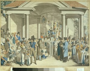 Zdravotní obec u kašny Karlsbader, 1810 (kresba akvatinta) od Georg Emanuel Opitz