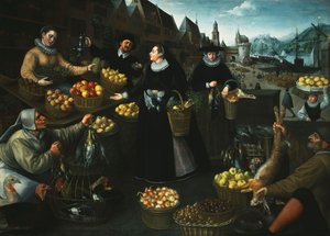 Alegorie podzimu: stánek s ovocem a zeleninou nad Weinmarktem ve Frankfurtu,