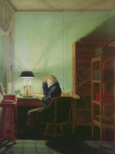 Čtení při světle lampy. 1814