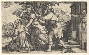 Abraham posílá pryč Hagar a Ismaela: Abraham drží nádobu jako Hagar a Ishm..., ca. 1543. od Georg Pencz