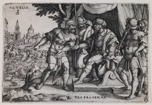 Kloelia a etruský král Porsenna, asi 1536-37 (rytina) od Georg Pencz
