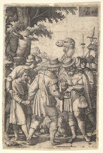 Josef prodán obchodníkům: vousatý muž, který Josefa svírá levou rukou, dostává ko..., 1546.