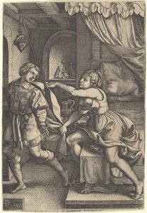 Josef odchází od Putifarovy ženy, která při sv..., 1546, svírá oběma rukama jeho plášť. od Georg Pencz