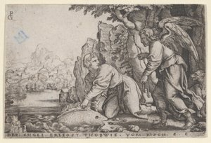 Tobiolus chytá ryby, z Příběhu Tobiáše, 1543. od Georg Pencz