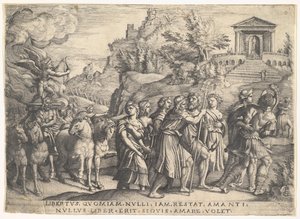 Triumph of Love: čtyři koně táhnou kočár s Cupidem stojícím na kouřící plošině..., ca. 1539. od Georg Pencz