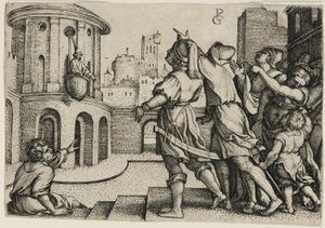 Virgil zavěšený v koši, kopie od Georg Pencz