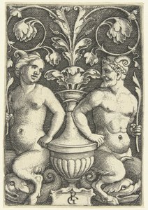 Ženský a mužský satyr Povrchové dekorace s groteskami a listovými liánami (název série) od Georg Pencz