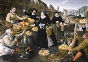 Alegorie podzimu: stánek s ovocem a zeleninou nad Weinmarktem ve Frankfurtu nad Mohanem od Georg and Valkenborch Lucas Van Flegel