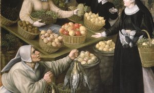 Alegorie podzimu: stánek s ovocem a zeleninou nad Weinmarktem ve Frankfurtu nad Mohanem od Georg and Valkenborch Lucas Van Flegel