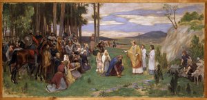 Anschaire (Oscar) de Breme (801-865) preche le christianisme en Scandinavie - Ansgar káže křesťanství, Pauli, Georg (1855-1935). Olej na plátně. Rozměr: 64 x 136 cm. Národní muzeum Stockholm