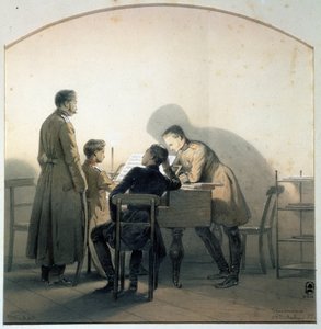 U klavíru (U klavíru). Ruští vojáci hrající na klavír během krymské války. Obraz George Wilhelma Timma (1820-1895). Akvarel a tužka na papíře, 20,8 x 20,1 cm