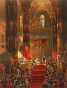 Metropolita se pokloní při korunovační ceremonii cara Alexandra II., Moskva, 1856.