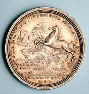 Medaile připomínající nástup Jiřího I od Georg Wilhelm Vestner