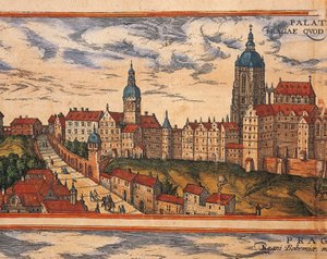 Česká republika, Praha, Pohled na citadelu, barevná rytina z Civitates Orbis Terrarum od Georga Brauna (1541-1622) a Franze Hogenberga (1535-1590) od Georg Braun and Hogenberg Franz
