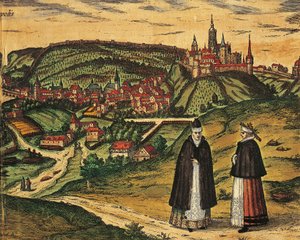 Česká republika, Praha, Pohled na město s citadelou v pozadí, barevná rytina z Civitates Orbis Terrarum od Georga Brauna (1541-1622) a Franze Hogenberga (1535-1590) od Georg Braun and Hogenberg Franz