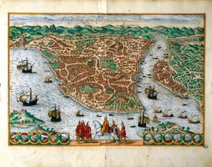 Itálie, Milán, Perspektivní pohled na město Constantinpole od Georga Brauna (1541-1622) a Franze Hogenberga (1535-1590), barevná rytina od Georg Braun and Hogenberg Franz