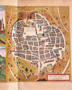 Itálie, Sulmona, město Sulmona z Civitates Orbis Terrarum od Georga Brauna a Franze Hogenberga, rytina od Georg Braun and Hogenberg Franz
