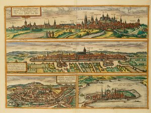 Mapa Norimberku, Ulmu, Salzburgu a Lindau z Civitates Orbis Terrarum od Georga Brauna od Georg Braun and Hogenberg Franz