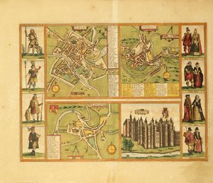 Mapa Yorku, Shrewbury, Lancaster a Richmond Castle z Civitates Orbis Terrarum od George Brauna od Georg Braun and Hogenberg Franz