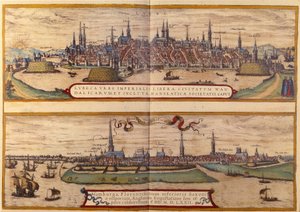 Pohled shora na město Lübeck, pod městem Hamburk v Německu. Rytina z Atlasu „Braun a Hogenberg“ 1572 od Georg Braun and Hogenberg Franz