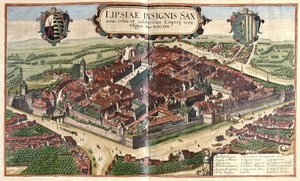 Lipsko, Sasko, Německo (rytina od Georg Braun and Hogenberg Franz