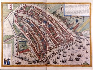 Mapa Amsterdamu. Atlas Braun a Hogenberg. Amsterdam 1588 od Georg Braun and Hogenberg Franz