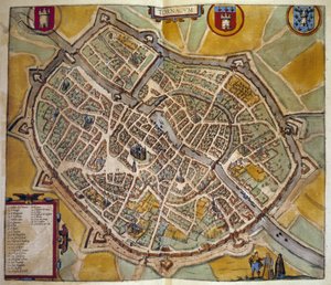 Mapa města Tours ve Francii. Rytina z Atlasu „Braun a Hogenberg““ 1572 od Georg Braun and Hogenberg Franz