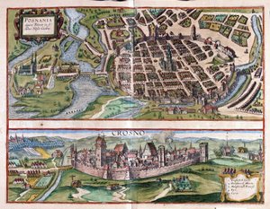 Poznaň a Krosno, Polsko (rytina od Georg Braun and Hogenberg Franz
