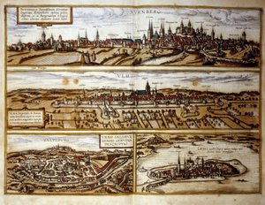 Pohled na německá města Norimberk a Ulm, Salzburg, Rakousko. Rytina z Atlasu „Braun a Hogenberg“ 1572 od Georg Braun and Hogenberg Franz