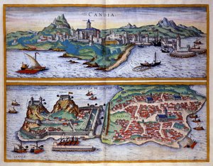 Pohled na přístav Candie (dnešní Heraklion) na Krétě a přístav Korfu v Řecku Rytina George Brauna V „“Civitatis Orbis Terrarum“““ I. díl napsal Franz Hogenberg (1535-1590) od Georg Braun and Hogenberg Franz