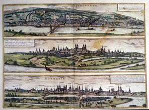 Pohledy na tři města v Německu: Heidelberg, Spire, Worms. Atlas Braun a Hogenberg. 1550. od Georg Braun and Hogenberg Franz