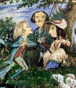 Vějíř karikatur malovaných kvašem od George Sandové (Aurore Dupin, Baronne Dudevant) (1804-1876) a Auguste Charpentiera (1815-1880): detail zobrazující ženu písmen George Sand, obklopenou Eugenem Delacroixem (uprostřed) a Franzem Lisztem. 19. století