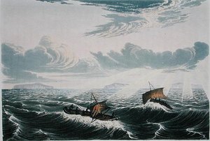 Kánoe se táhne ve vichřici při východu slunce 23. srpna 1821 z „Vyprávění o cestě k břehům Polárního moře v letech 1819-22“ od Sira Johna Franklina (1786-1847), vyryto Edwardem Findenem ( 1791-1857) vydáno 1823-28 (barevná rytina)