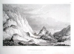 Ledovec přiléhající k ledovému útesu s výhledem na moře z „Vyprávění o cestě k břehům Polárního moře v letech 1819-22“ od Sira Johna Franklina (1786-1847), vyrytý Edwardem Findenem (1791-1857) vydáno 1823-28 (rytina)