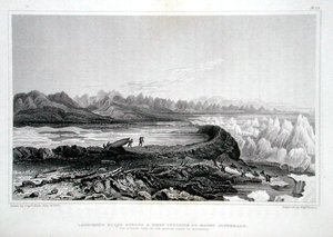 Spouštění člunů přes útes naproti Mount Conybeare, z „Příběhu o cestě k pobřeží Polárního moře v letech 1819-22“ od Sira Johna Franklina (1786-1847), vyryto Edwardem Findenem (1791-1857), publikováno 1823 -28 (barevné gravírování)