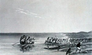 Lodě se vznášejí nad vodou, z „Vyprávění o druhé výpravě na pobřeží Polárního moře v letech 1825-27“ od Sira Johna Franklina (1786-1847), vyryto Edwardem Findenem (1791-1857), publikováno 1828 (rytina)