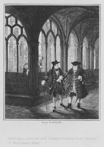 Randulphův rozhovor s Cordwell Firebras v Cloisters of Westminster Abbey (rytina) od George (after) Cruikshank