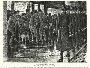 Punch cartoon: Sympatická duše - policejní práce v londýnských slumech (rytina) od George (after) Du Maurier