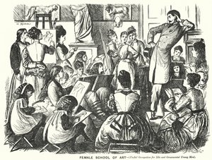 Punch cartoon: Female School of Art (užitečné povolání pro nečinné a okrasné mladé muže) (rytina)
