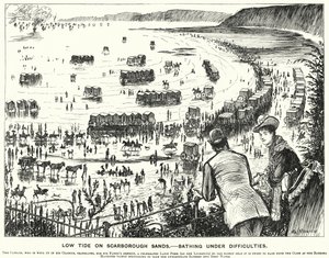 Punch cartoon: Low Tide on Scarborough Sands - Koupání v obtížích (rytina) od George (after) Du Maurier
